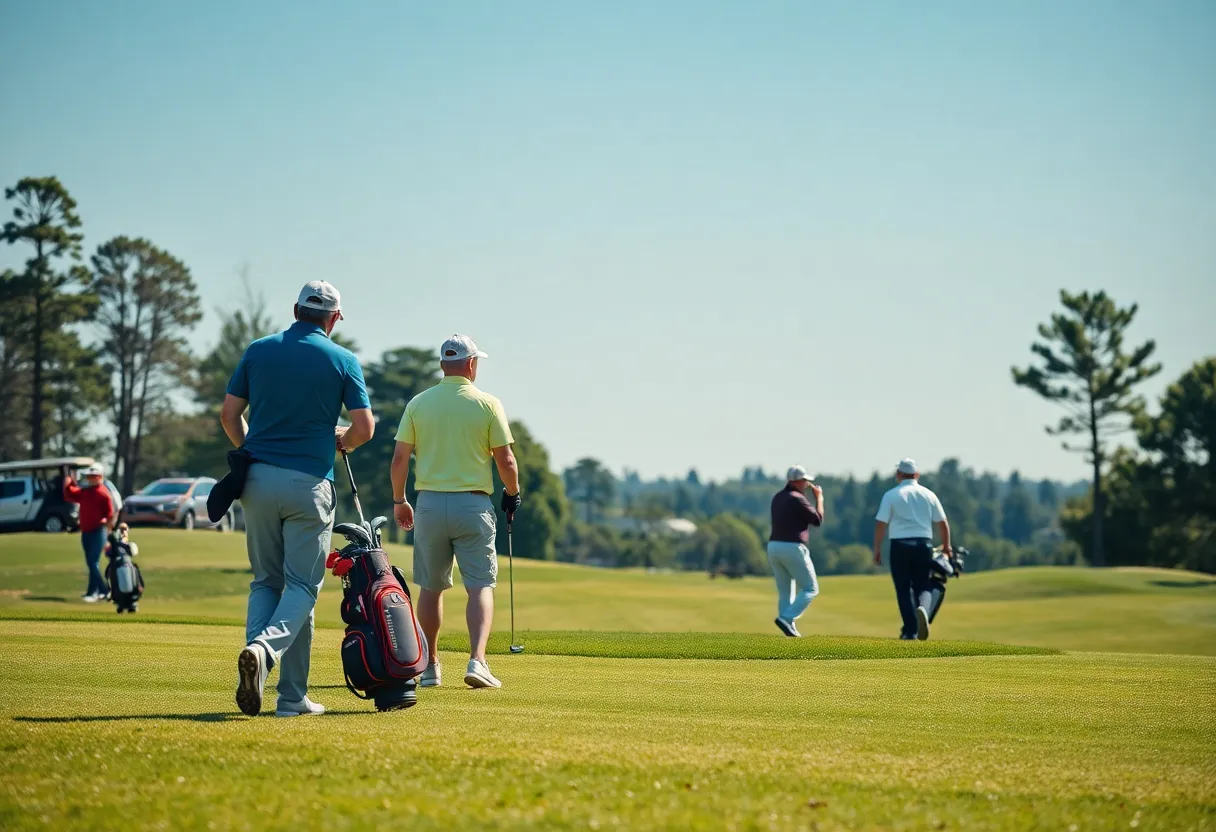 Golfers on a course with effortless travel logistics in the background.