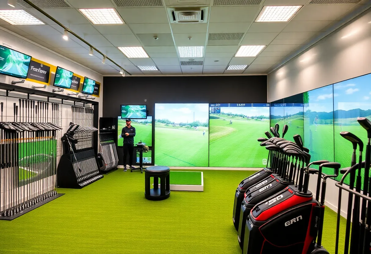 Interior of Golfstix store featuring golf clubs and fitting stations.