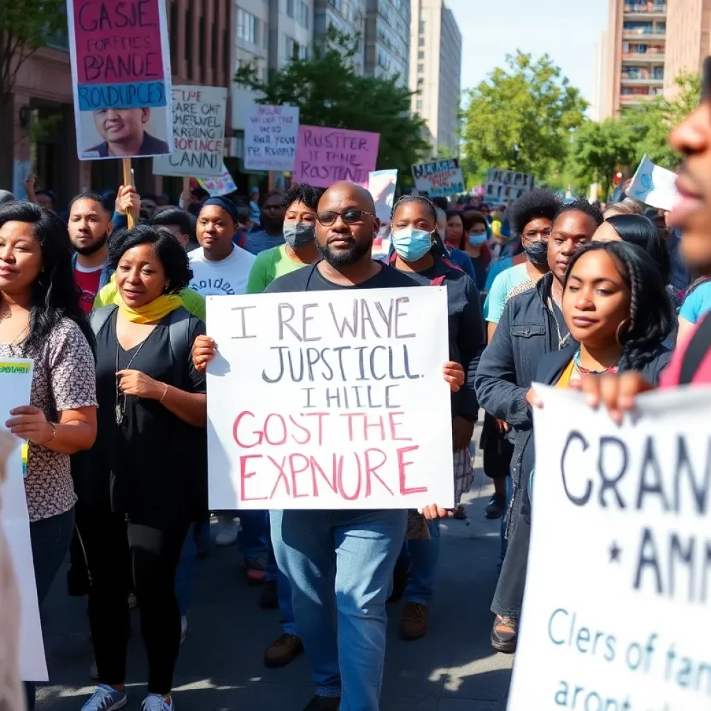 Community gathering in Grand Rapids with banners for local initiatives.