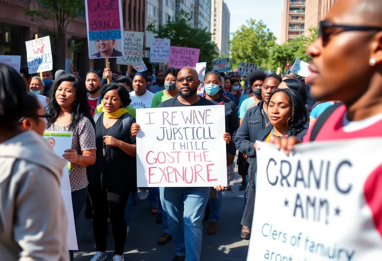 Community gathering in Grand Rapids with banners for local initiatives.