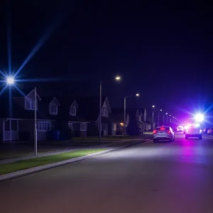 Nighttime suburban street with police lights, representing gun violence