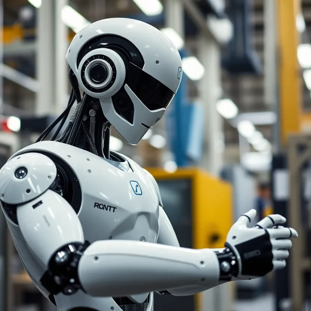 Humanoid robots demonstrating their capabilities in a factory setting.