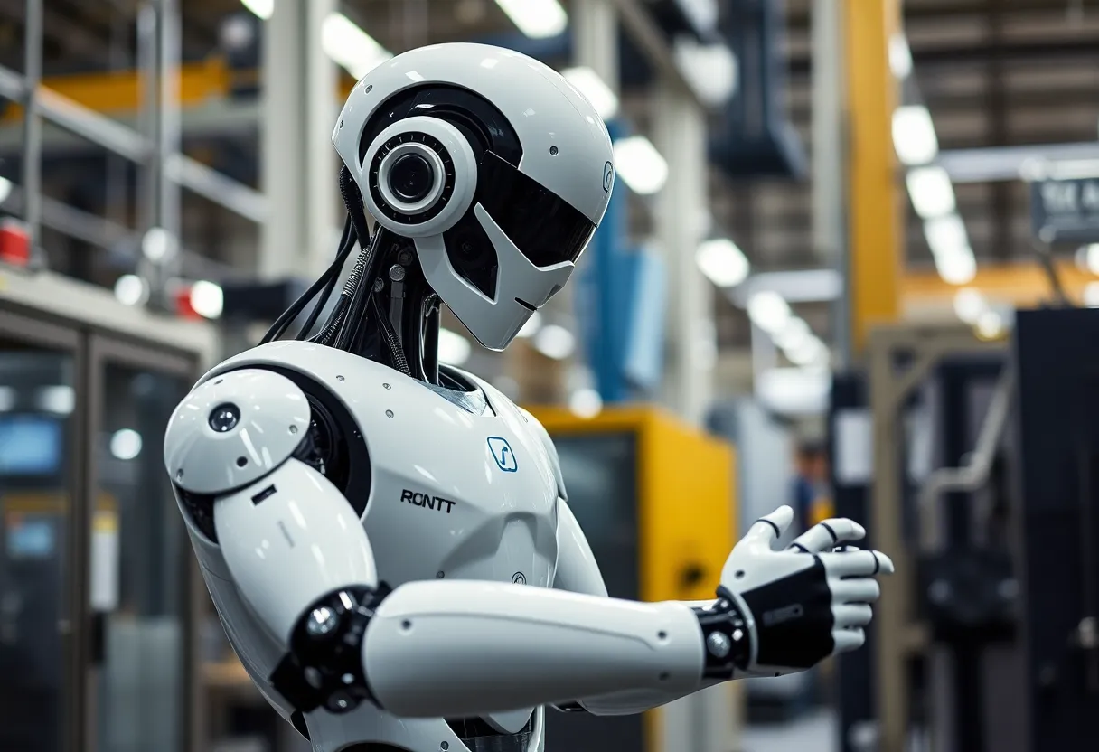 Humanoid robots demonstrating their capabilities in a factory setting.