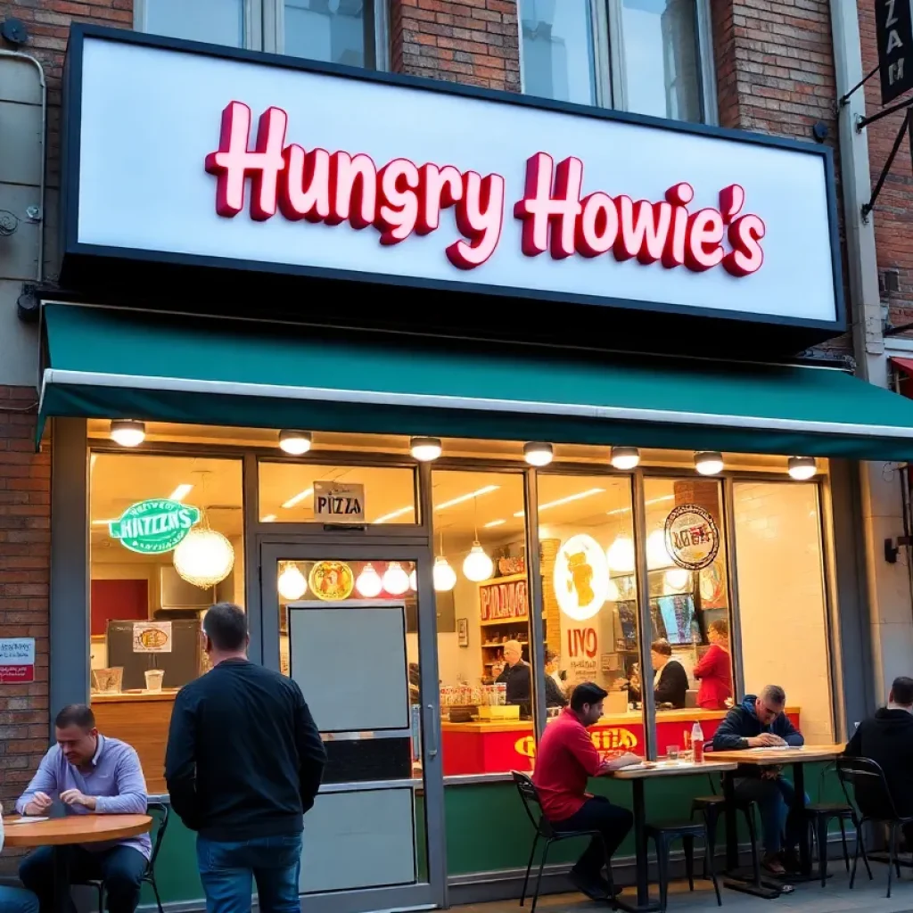 Hungry Howie’s restaurant front with customers enjoying pizza
