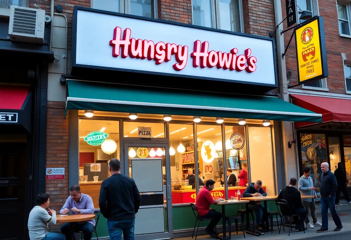 Hungry Howie’s restaurant front with customers enjoying pizza