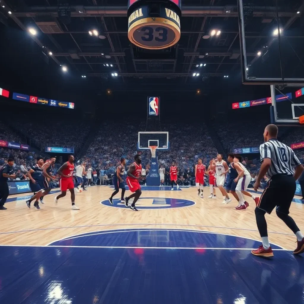 Basketball court during an intense game.