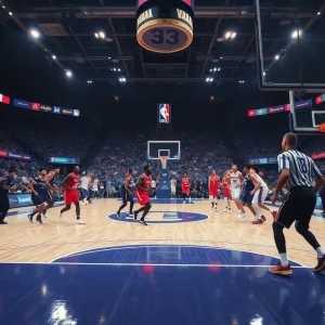Basketball court during an intense game.