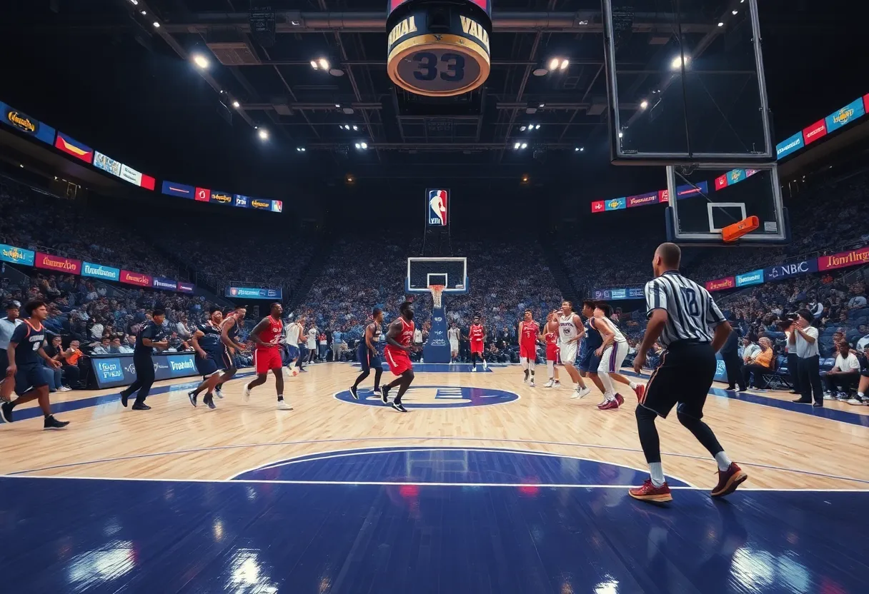 Basketball court during an intense game.