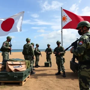 Representatives from Japan and the Philippines shaking hands over a military cooperation agreement.