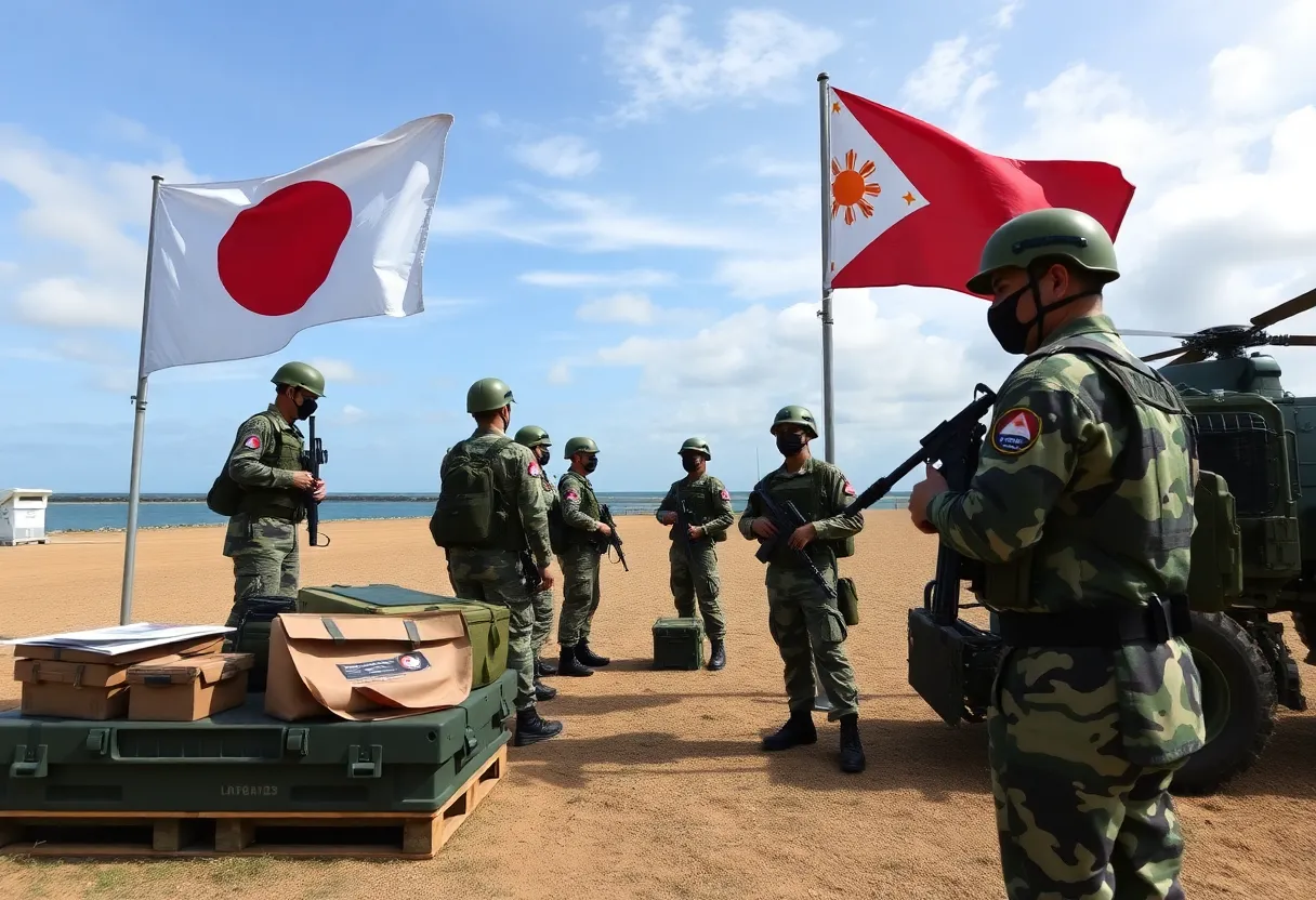 Representatives from Japan and the Philippines shaking hands over a military cooperation agreement.