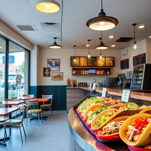Interior view of Lola's Taco Bar with tacos and seating