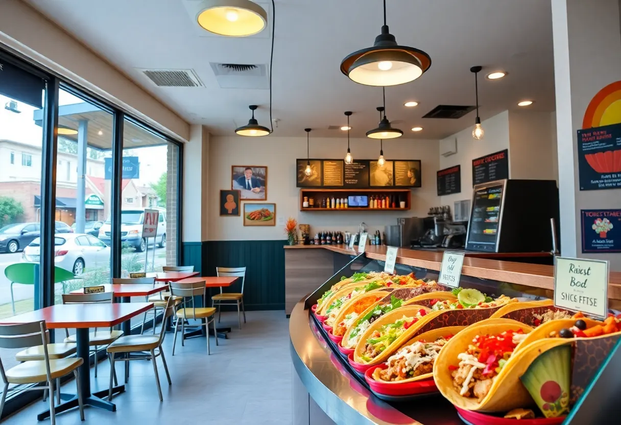 Interior view of Lola's Taco Bar with tacos and seating
