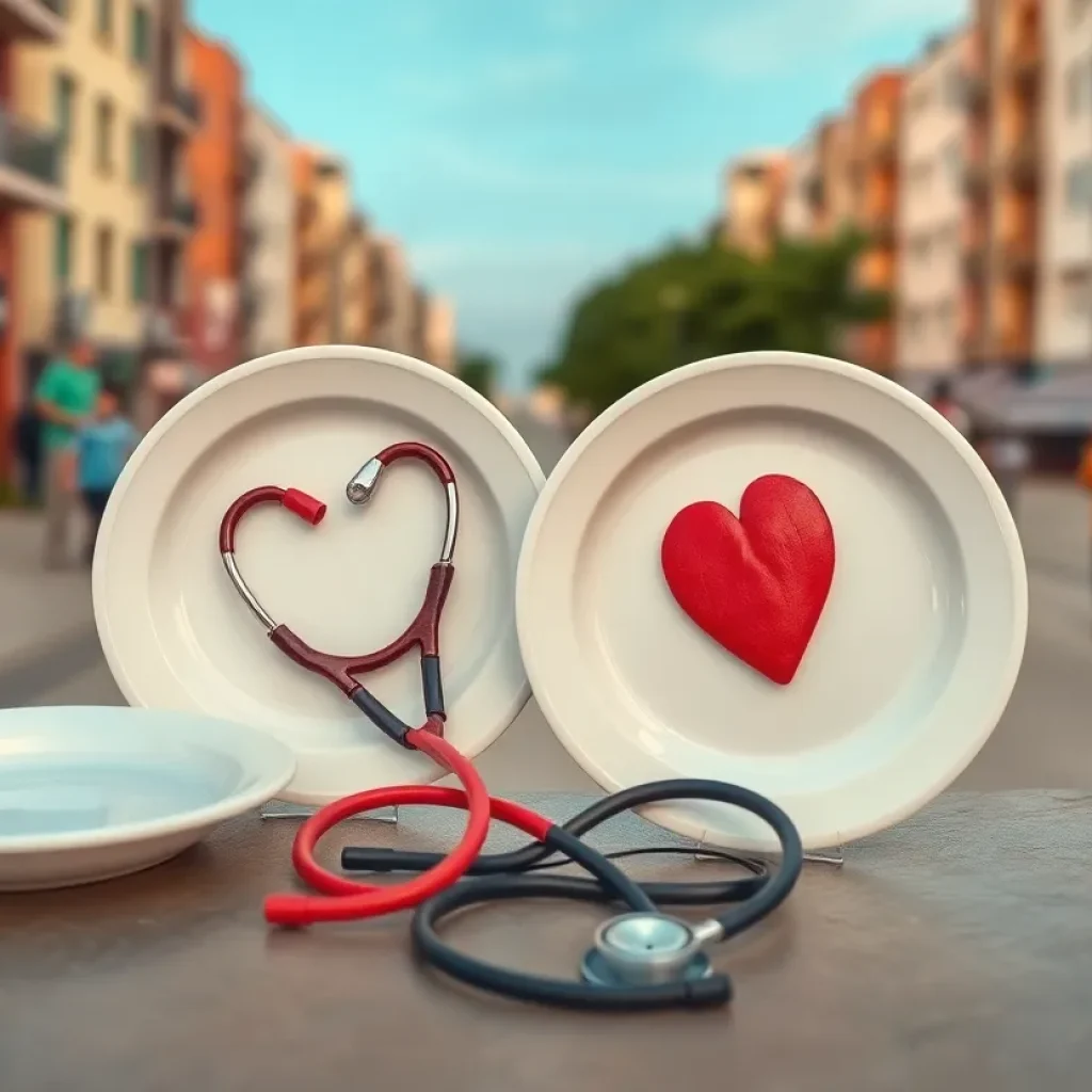 Symbolic depiction of malnutrition with empty plates and health symbols