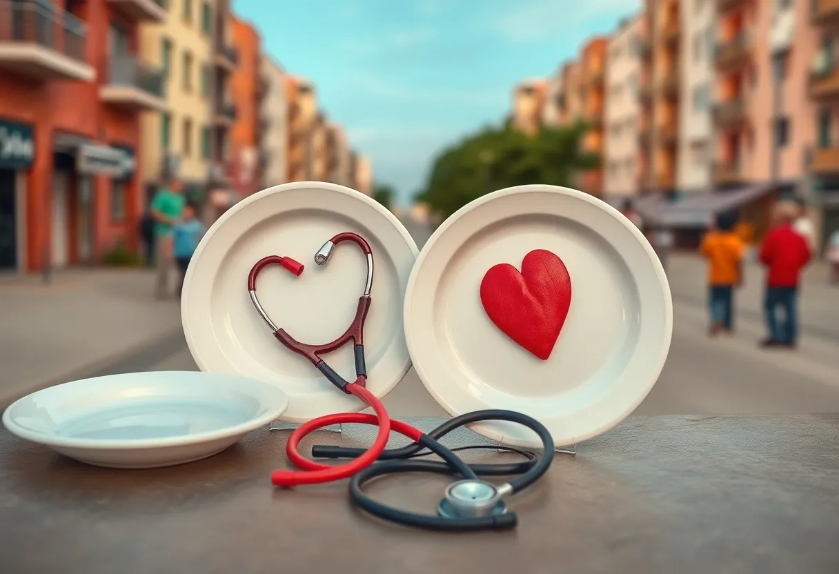 Symbolic depiction of malnutrition with empty plates and health symbols