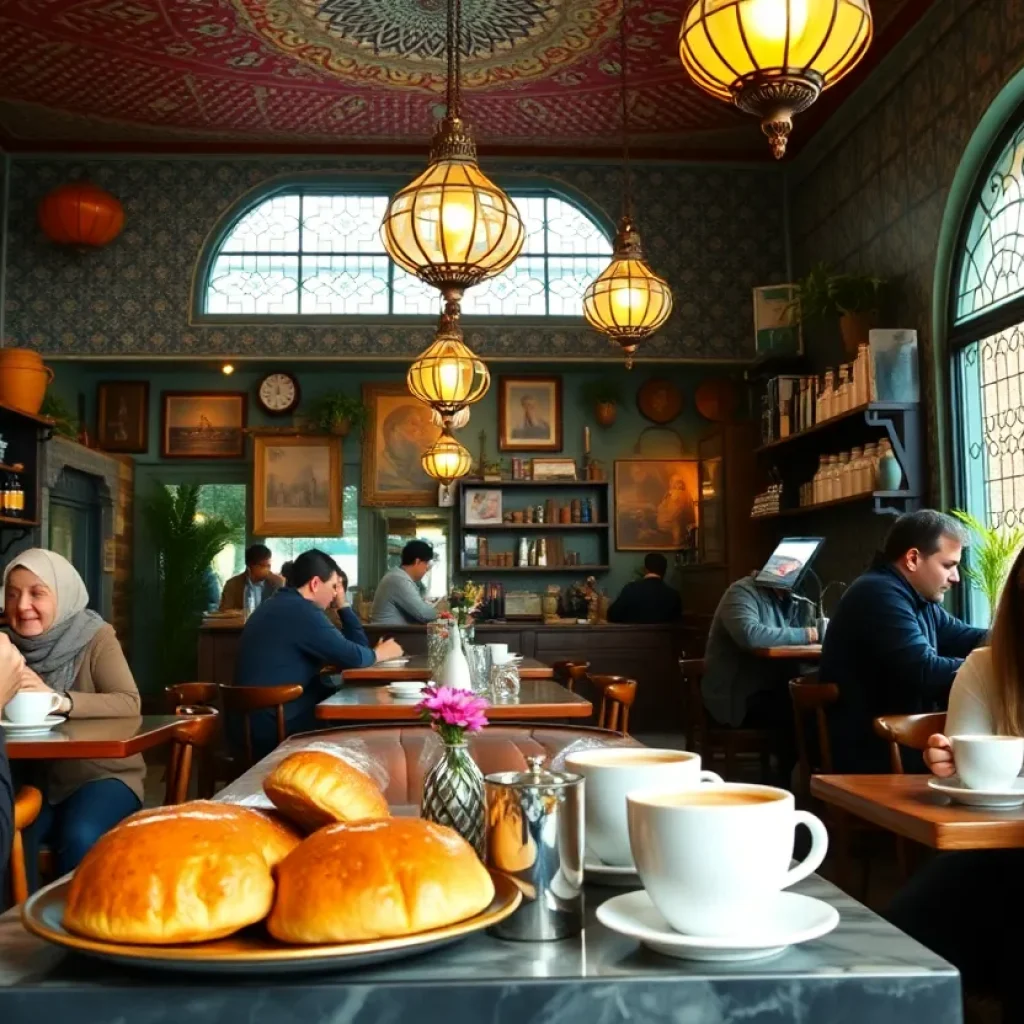 Inside Medina Coffee Company with customers enjoying coffee and Middle Eastern pastries.