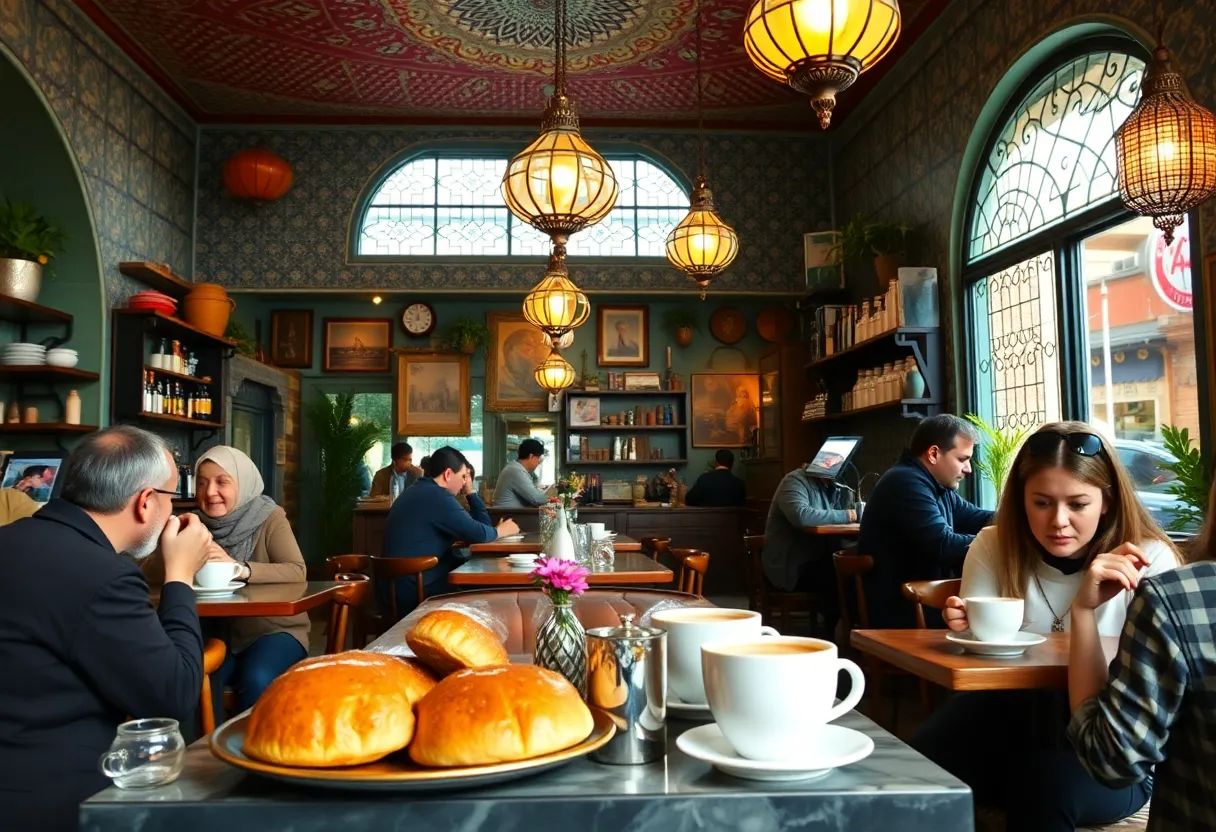 Inside Medina Coffee Company with customers enjoying coffee and Middle Eastern pastries.