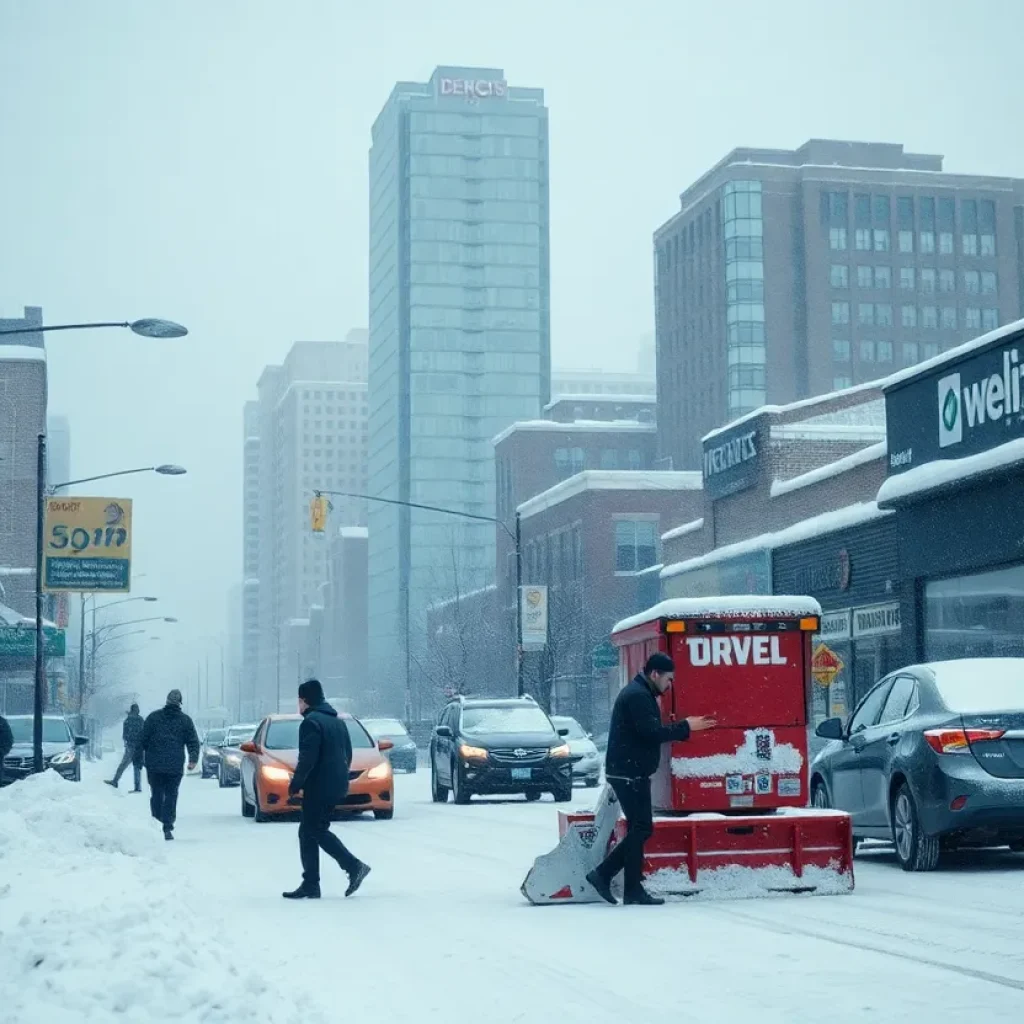 Snowfall covering businesses in Metro Detroit with community members clearing snow.