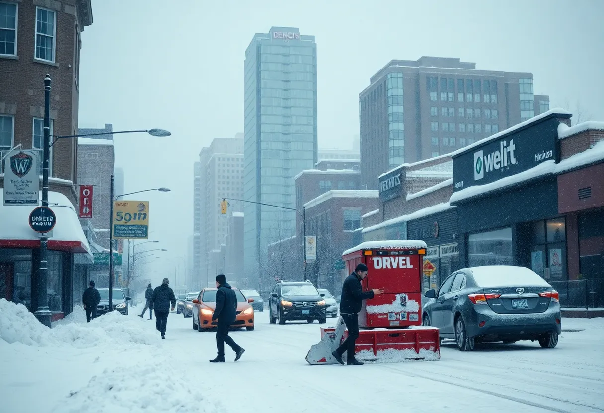 Snowfall covering businesses in Metro Detroit with community members clearing snow.