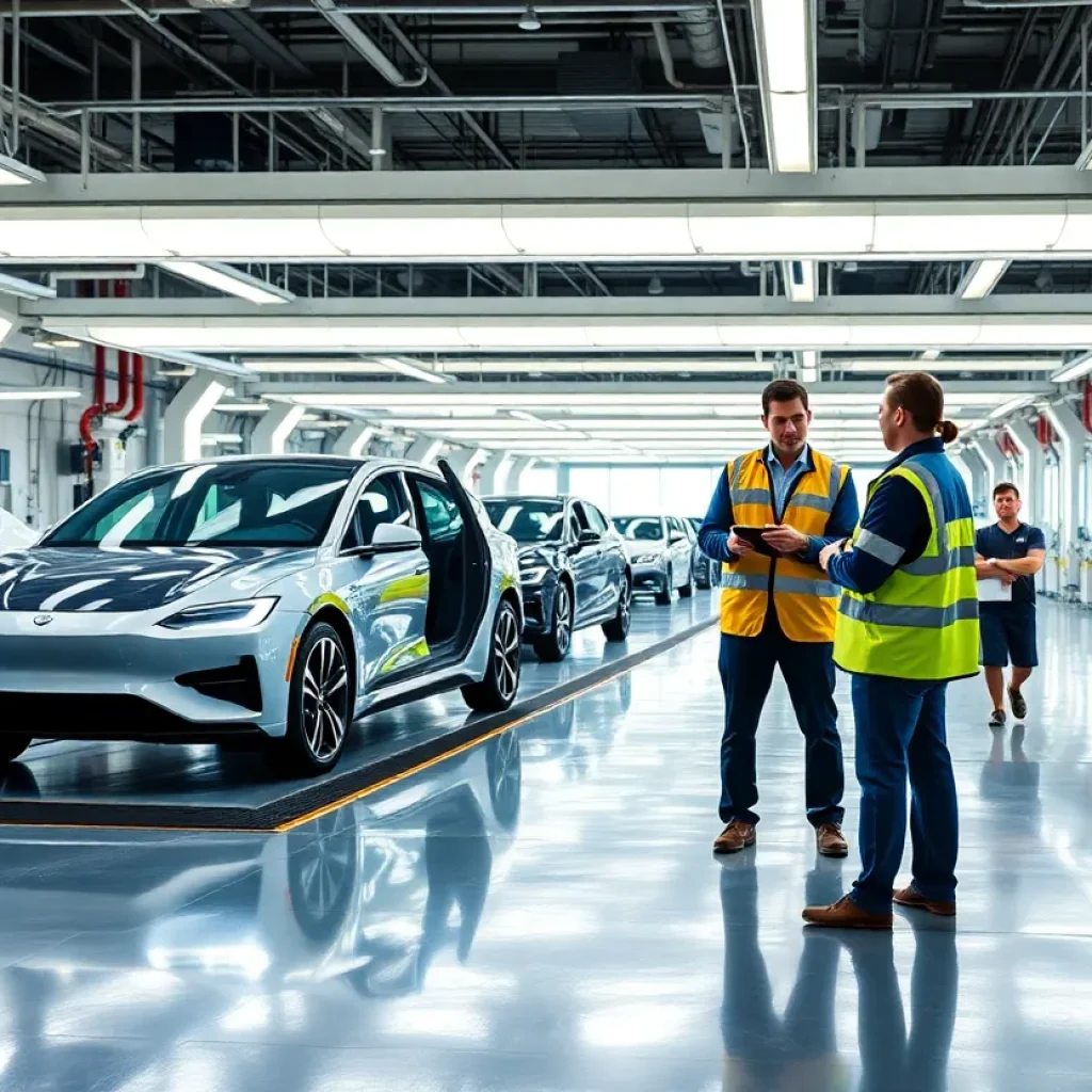Futuristic automotive manufacturing facility in Michigan with engineers working on electric vehicles.