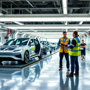 Futuristic automotive manufacturing facility in Michigan with engineers working on electric vehicles.