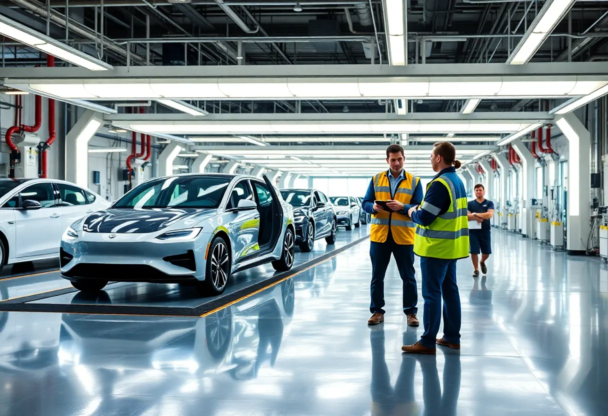 Futuristic automotive manufacturing facility in Michigan with engineers working on electric vehicles.
