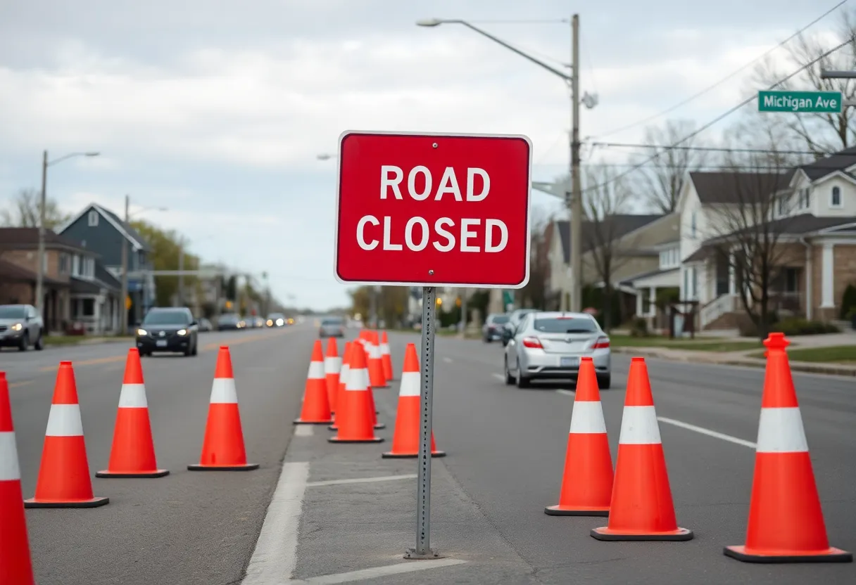 Barricades and closed signs on Michigan Avenue following an accident