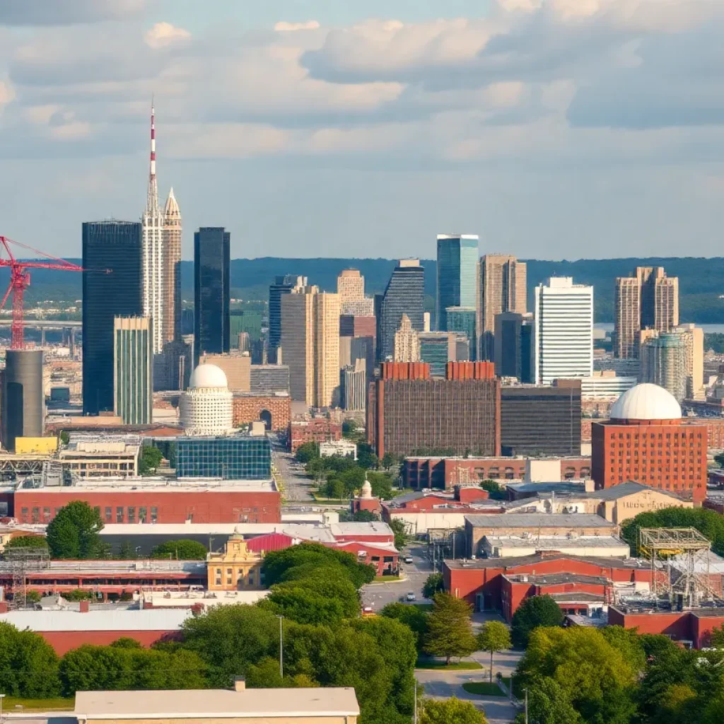 A diverse urban scene representing Michigan's economic sectors.