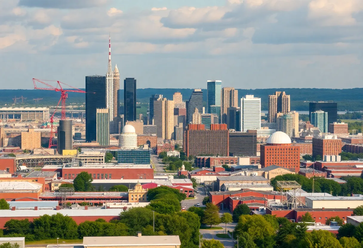 A diverse urban scene representing Michigan's economic sectors.