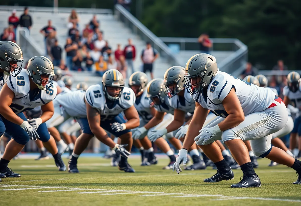 Michigan football team defensive line preparing for a game
