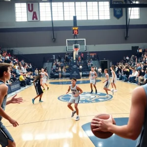 Young athletes playing basketball in Michigan high school gym