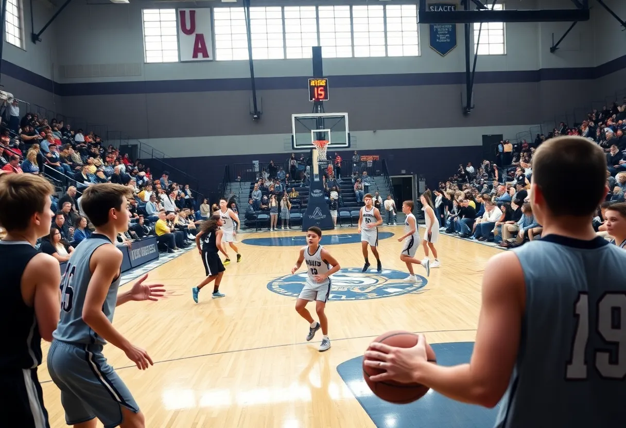 Young athletes playing basketball in Michigan high school gym