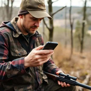 A hunter using a mobile app in a forested area for electronic kill tags.