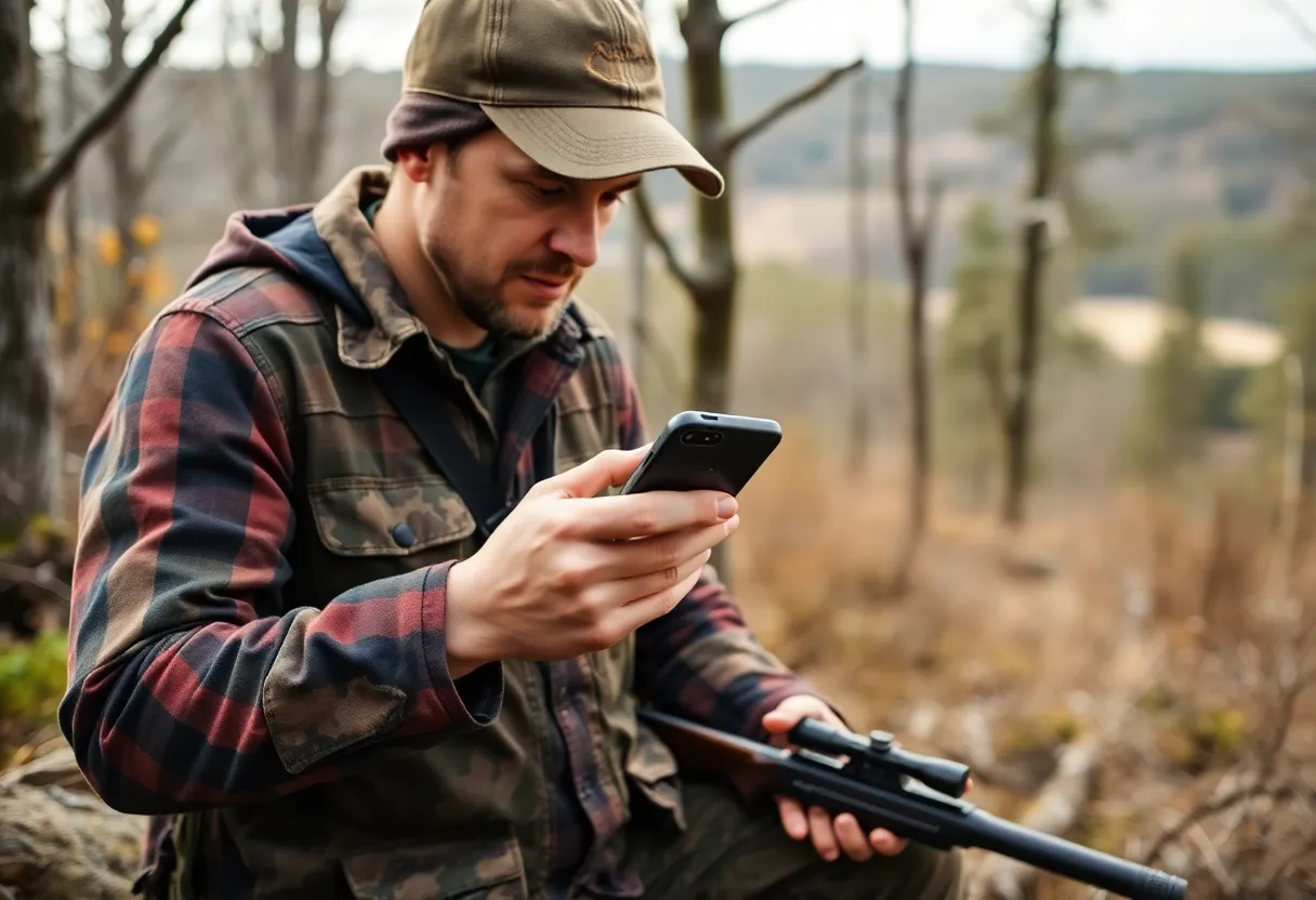 A hunter using a mobile app in a forested area for electronic kill tags.
