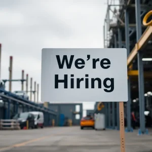 Empty factory with a 'We're Hiring' sign crossed out, representing job layoffs.