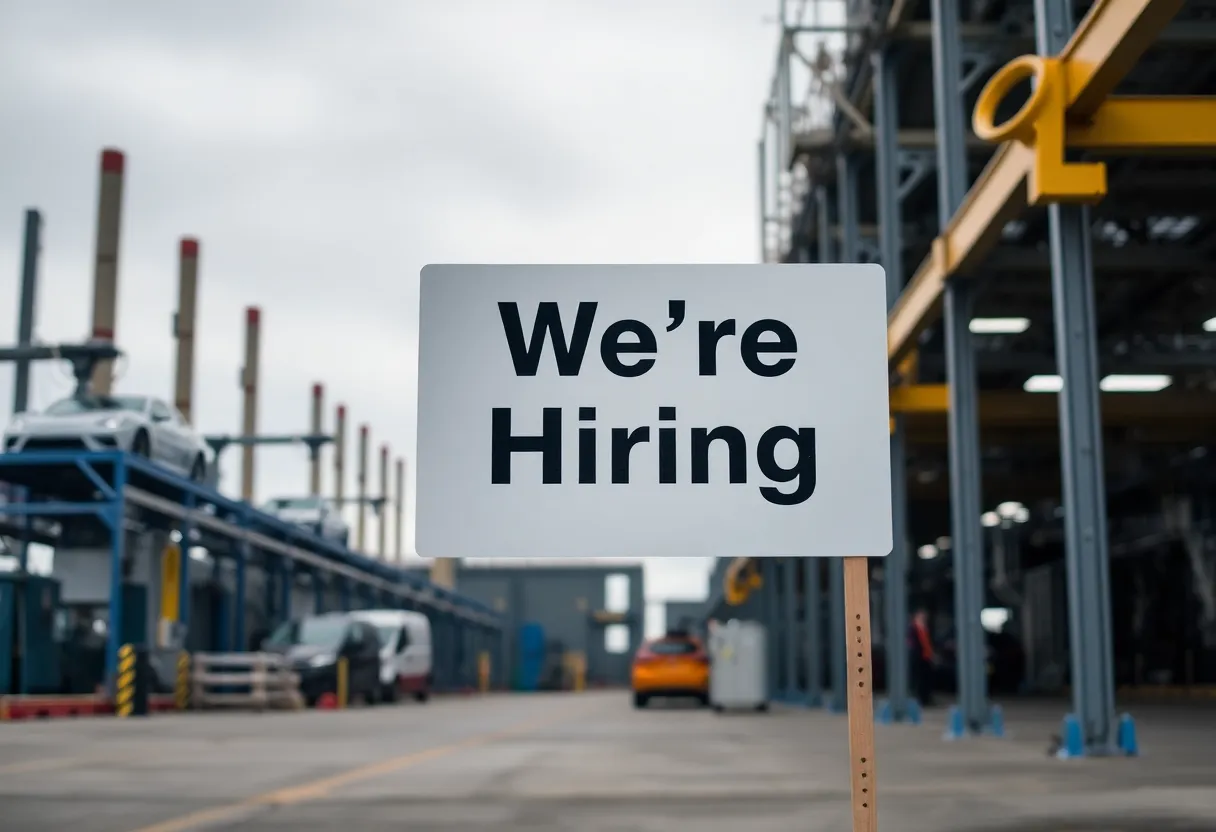 Empty factory with a 'We're Hiring' sign crossed out, representing job layoffs.