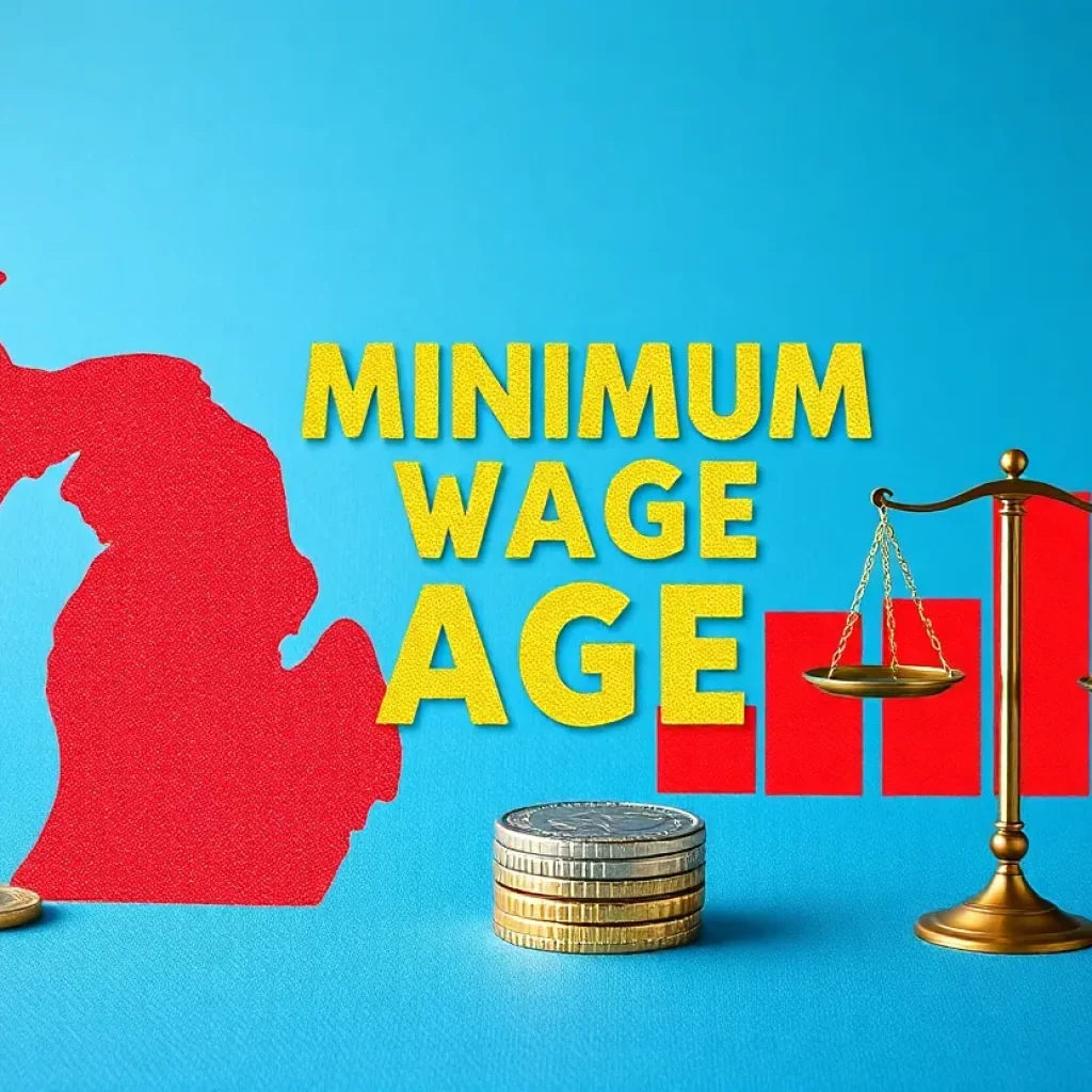 Illustration of Michigan's minimum wage increase theme with coins and scales.
