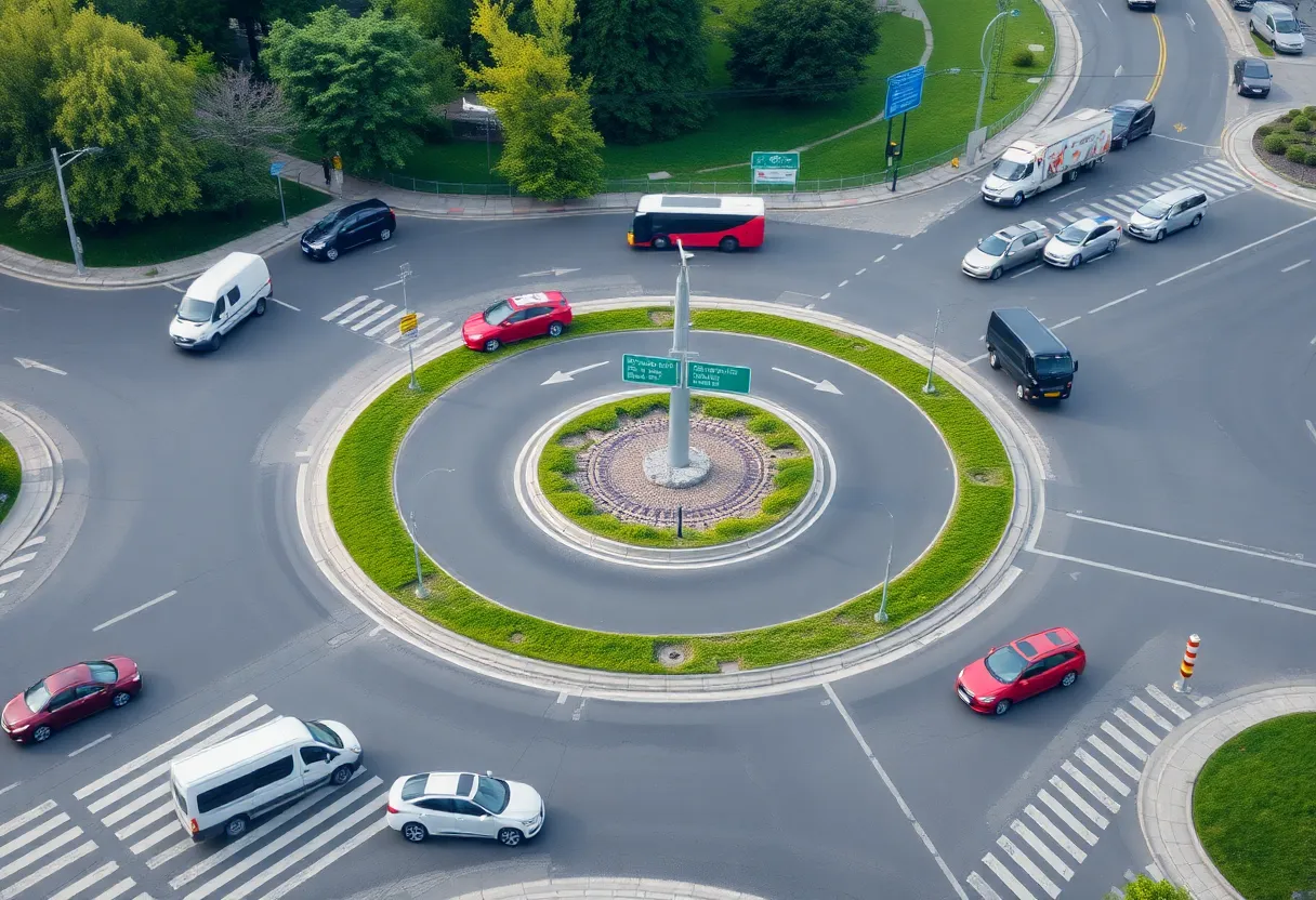 Traffic in a Michigan roundabout with vehicles and signage