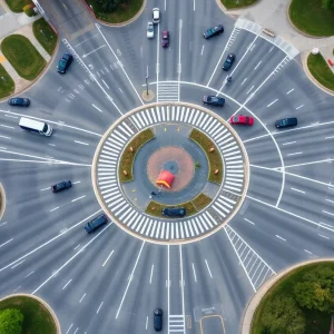 Aerial view showing a busy roundabout intersection in Michigan