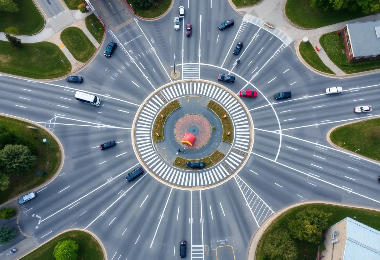 Aerial view showing a busy roundabout intersection in Michigan