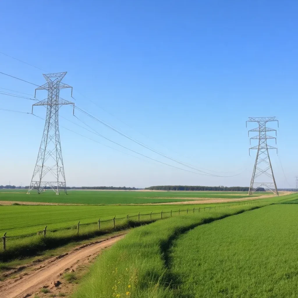 A high-voltage transmission line in a Michigan landscape with fields and blue skies.