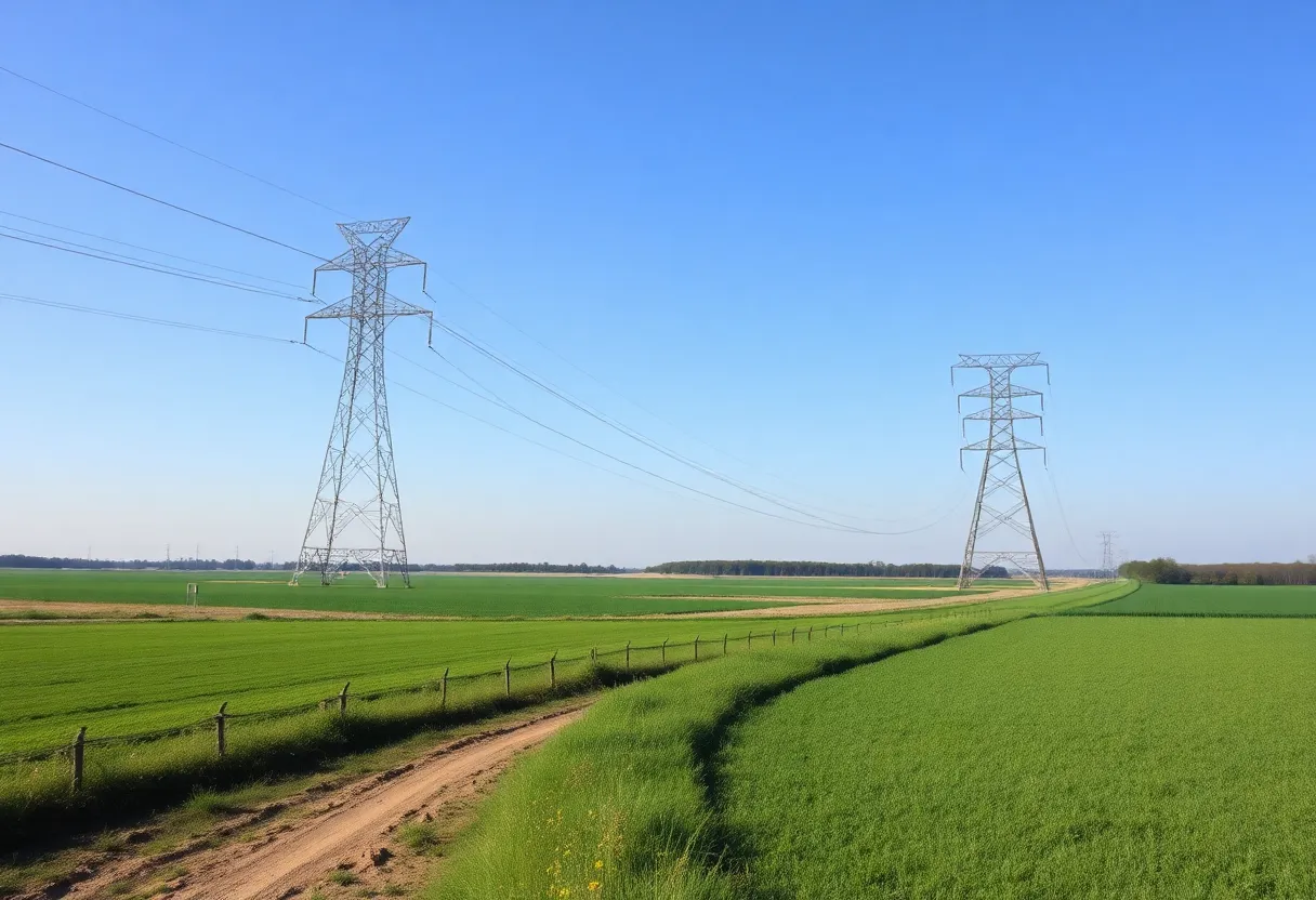 A high-voltage transmission line in a Michigan landscape with fields and blue skies.