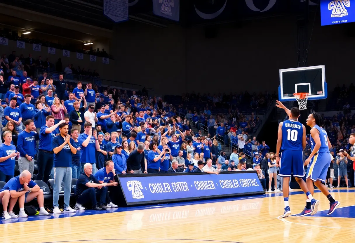 Michigan Wolverines basketball fans in blue at Crisler Center