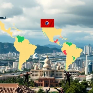 Illustration of military strategies in Latin America with maps and symbols.