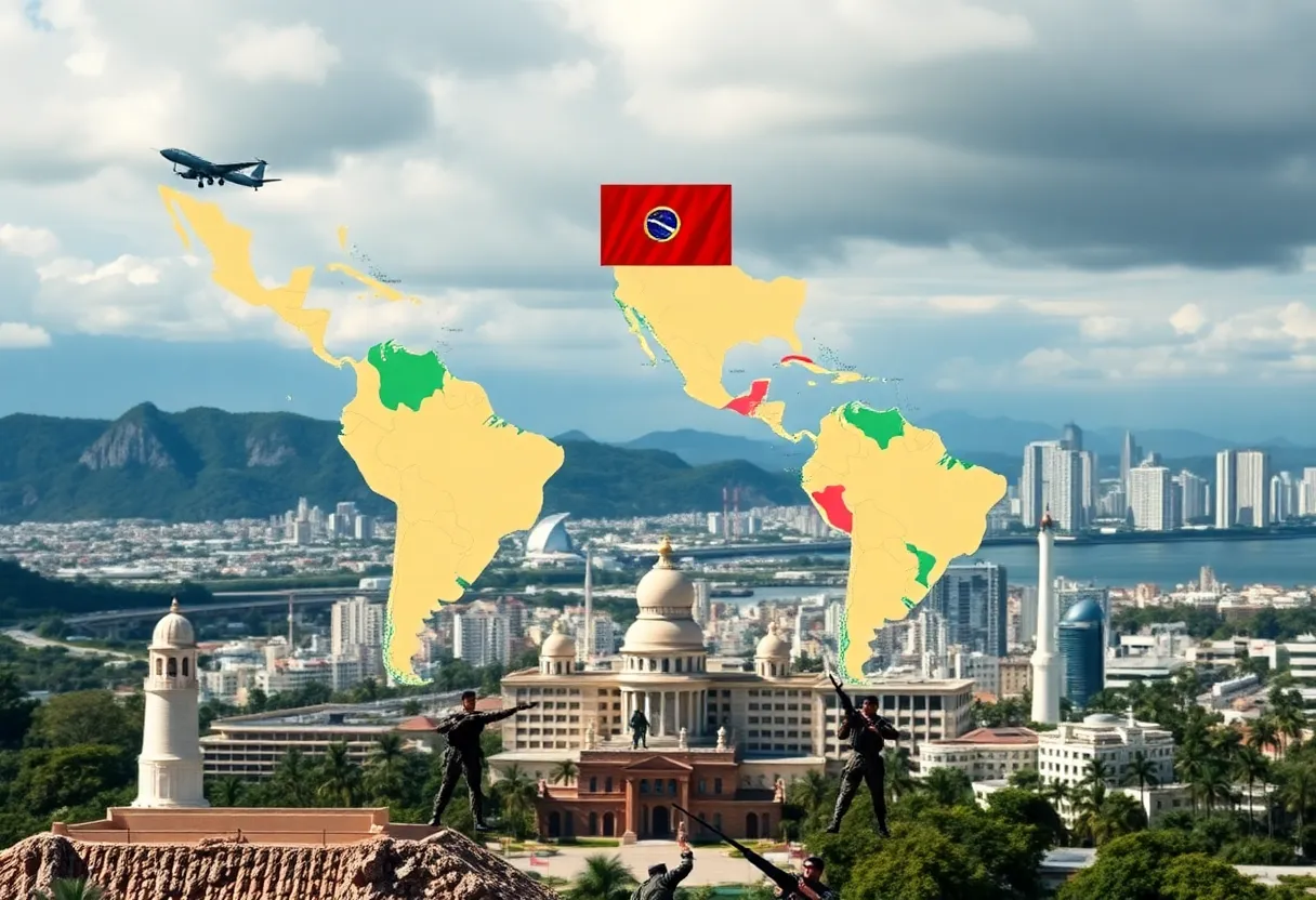 Illustration of military strategies in Latin America with maps and symbols.