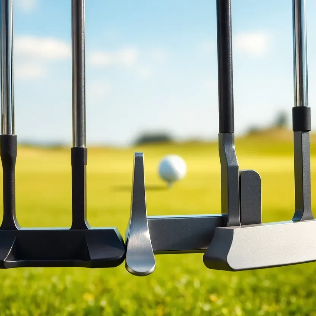 Mizuno M.CRAFT City Series putters displayed on a golf course.