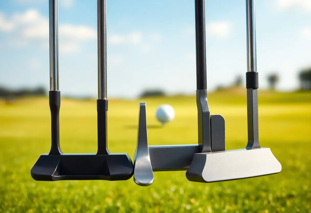 Mizuno M.CRAFT City Series putters displayed on a golf course.