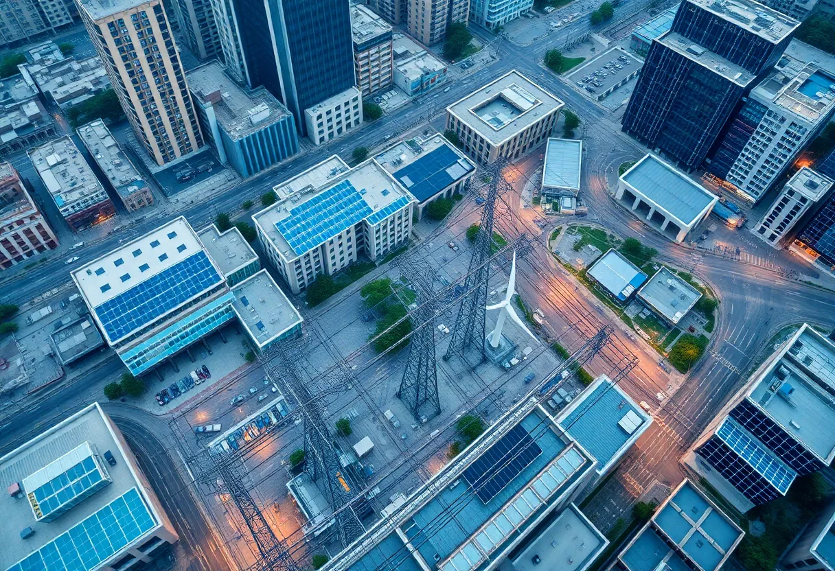 Aerial view of modern energy solutions and infrastructure in Detroit.