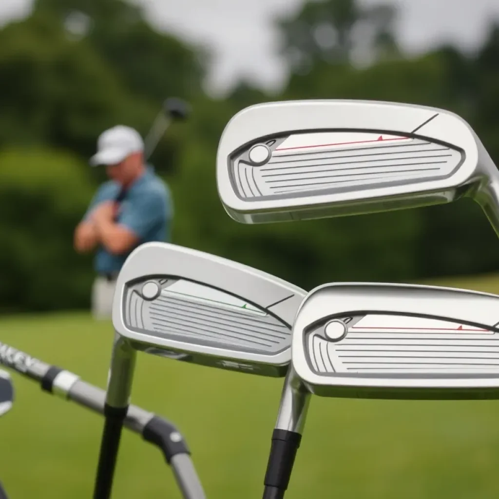 Display of modern golf irons with different loft angles on a golf course