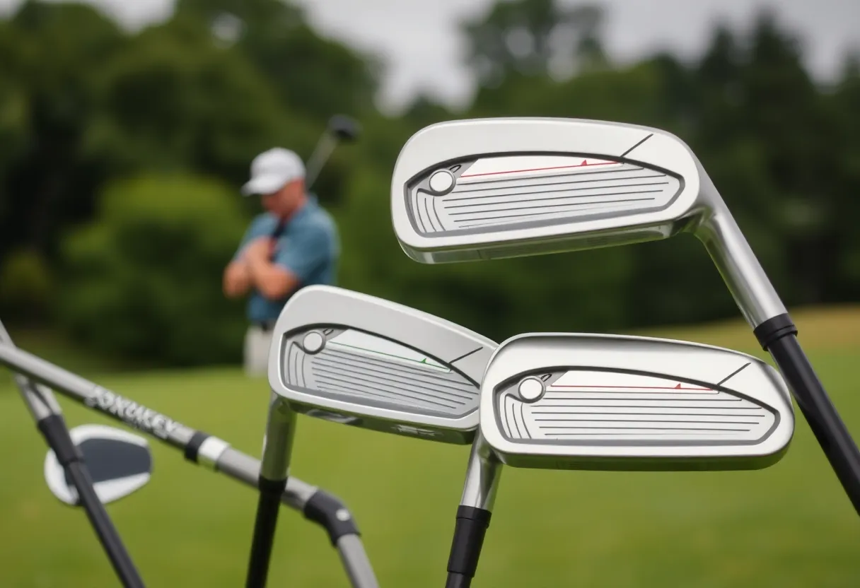 Display of modern golf irons with different loft angles on a golf course