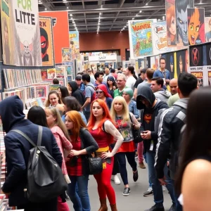 A lively crowd at a comic convention with various displays.
